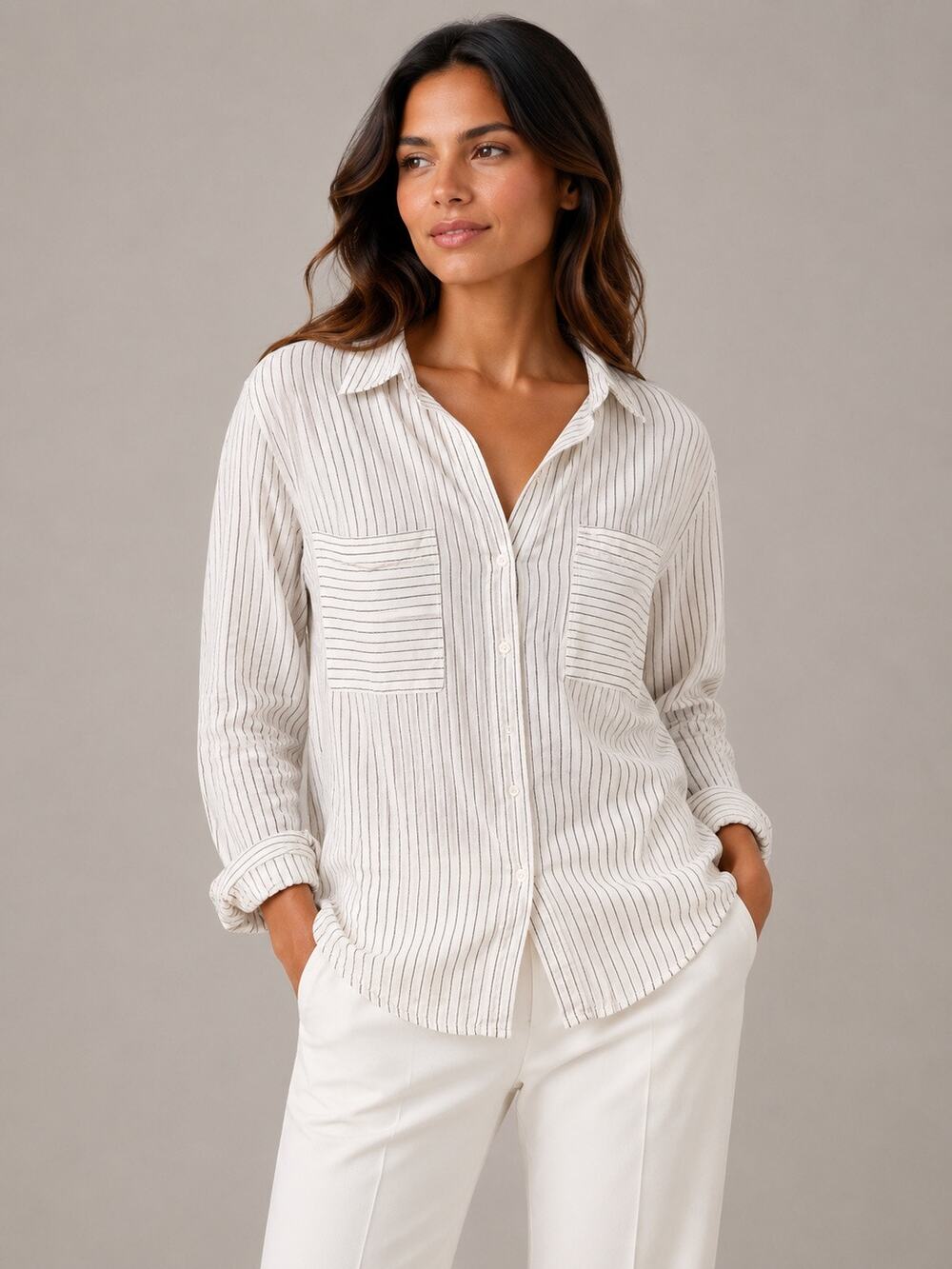Modern Works Women’s Button Down White and Black two pocket shirt -  L